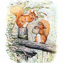 Two squirrels are sitting on a fence, one picking hazel nuts, the other holding out a tiny bag