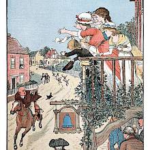 Gilpin's family waves and shouts from the balcony of an inn as he rides on in the street below