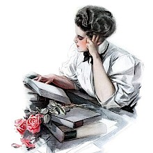 A woman reads resting her head on her hand at a desk piled with books across which two roses lie