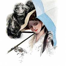A young woman in a feathered hat looks to the side from under her parasol with a provocative smile