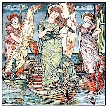 Three young women each stand on a ship,the forefront one playing the violin