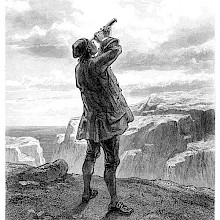 Gulliver stands at the edge of a cliff, looking with a telescope at a city hovering in the sky