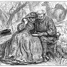 Two lovers are sitting in the woods, leaning against each other while reading from the same book