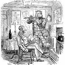 A man stands playing the flute to another sitting in front of a fireplace