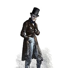 Full-length portrait of a tall and slim man in a worn top hat and redingote