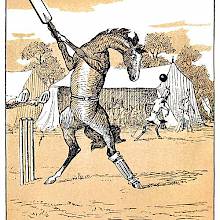 A horse is playing cricket, his bat held high and ready to strike the ball coming at him
