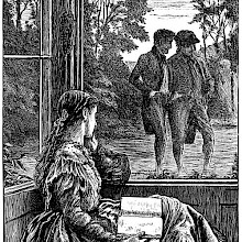 A woman sitting on a deck with a book in her lap watches two men walk by outside