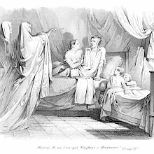 A man lying in bed with his wife is visited by two solemn and imposing ghosts cloaked in shrouds