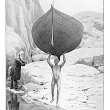 A figure with a human body, but a featureless face, carries a boat above its head facing the viewer