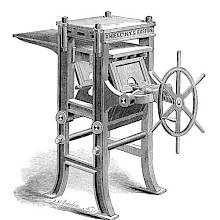 Three-quarter view of a press for electrotype molds as marketed by Hoe and Co. in 1881