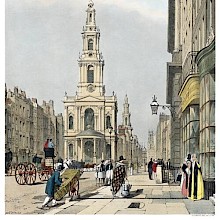 View showing St Mary le Strand as seen from the west and carts and coaches, street vendors, etc.