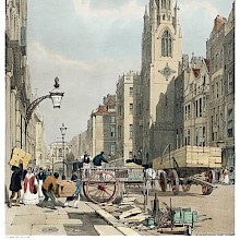 View of Fleet Street showing the road cluttered with a cart being loaded by goods removers