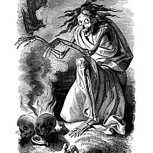 A female creature looking like a skeleton is kneeling by a fire and gestures over the flames