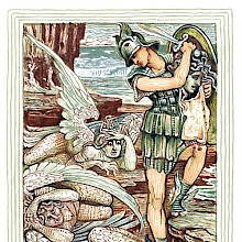 Perseus stands on a rocky shoreline, holding Medusa's head in his arms and wielding his sword