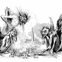 Three gigantic, monstrous devils revel in watching a human battle