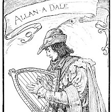 Portrait of Alan-a-Dale sitting and playing the Celtic harp