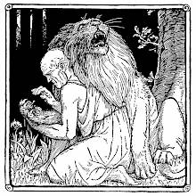 In a forest, a man wearing a tunic kneels down to take a thorn out of a lion's paw