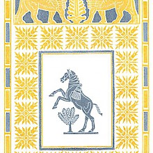 A rearing horse, stylized in a way reminiscent of Assyrian art, is seen from the side