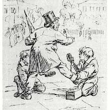 A man having his shoes shined by two boys struggles to keep his balance