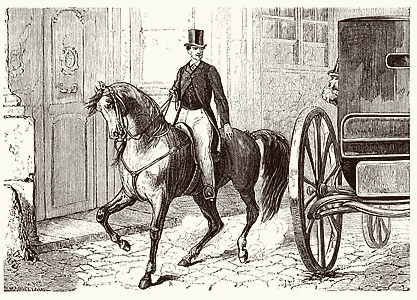 A man on a horse meets a man in a carriage