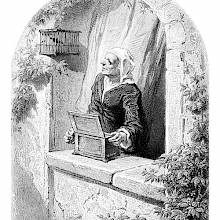 An older woman plays a bird organ on her window ledge while looking at a bird inside its cage