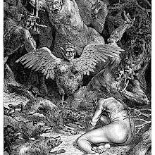 A human figure crawls on the ground, attacked by three dogs and surrounded by anthropomorphic trees and birds