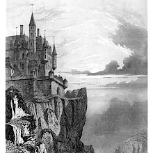 Landscape with a medieval castle standing on the edge of a cliff