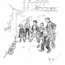 A group of boys is playing bob-in-the-cap in a backyard where five hats are lined up along a wall