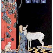 A young women kneels inside a palace to embrace a doe as a cat is sitting behind her