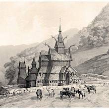 View of Borgund Stave Church with cows on the road in the forefront