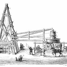 View of the timbered windlass and horse engine used for the boring of the Grenelle artesian well