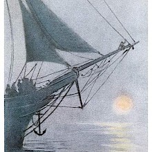 The bow of a ship can be seen with a small creature sitting on the bowsprit