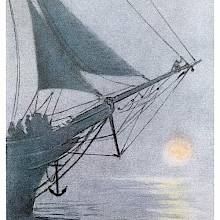 The bow of a ship can be seen with a small creature sitting on the bowsprit