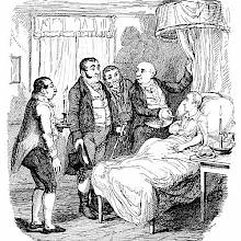 A wounded boy is lying in bed, surrounded by a doctor, two policemen, and a servant