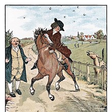 A man on horseback who was talking to a friend has his horse startled by a braying ass