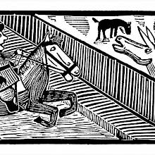 A man on horseback has his horse startled by an ass braying on the other side of a fence