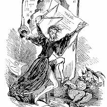 A frantic man wields a large pair of compasses