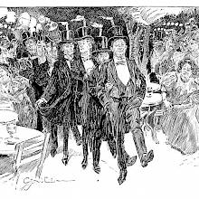 A group of tipsy men walks in a single line between tables with lighted candles on their top hats