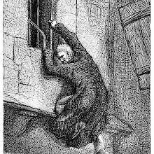 A man escaping through a window is about to let himself drop to the ground.