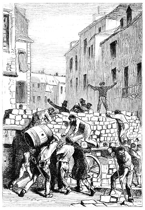 The rebels of June 1832 build the barricade rue de la Chanvrerie