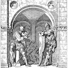 Two soldiers are at an arched entrance, one leaning on a shield, the other playing the violin