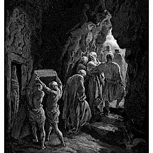 Two men lift a slab to close Sarah's tomb as Abraham looks back one last time from the entrance