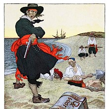 A pirate wearing a red sash stands on a beach next to a chest as two men dig a hole in the sand
