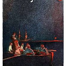 Sailors are watching from a rowboat a fire in the night, of which only the red glow can be seen