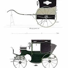 Plate showing Harvey's patent cab, a variant of the Hansom cab, and a traveling brougham