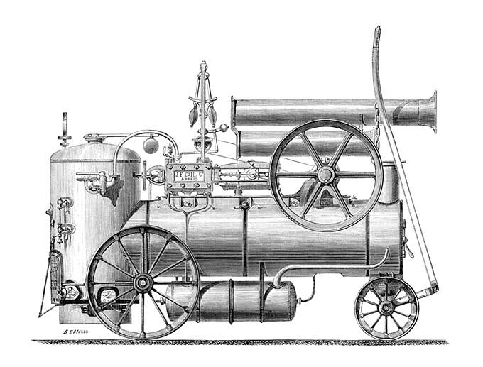 Side view of a portable steam engine built by the Cail Company