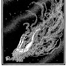 A male figure is flying through the cosmos, his long hair and beard forming like a train