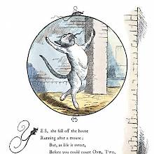 A cat with a mouse in its mouth stands in a posture reminiscent of a rope dancer