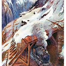 A steam locomotive comes out of a wooden snow shed built along a railway
