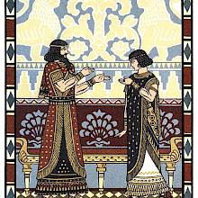 A man and a woman are seen from the side, facing each other, and represented in the Assyrian style